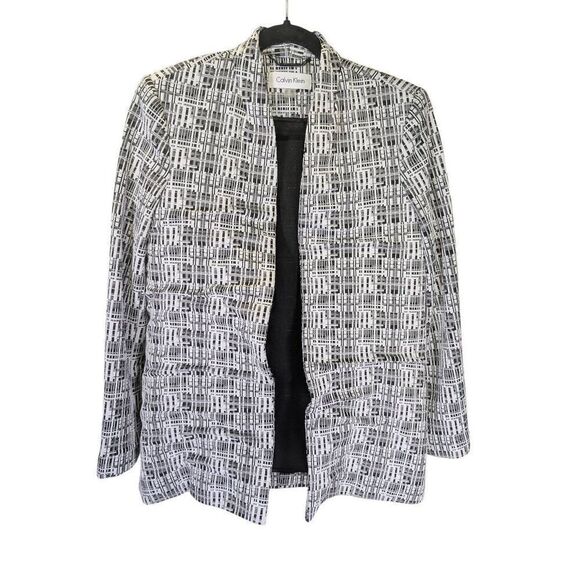 CALVIN KLEIN Classy Blazer Open Jacket Black White Jacquard Textured Stretch Bla - Picture 1 of 6
